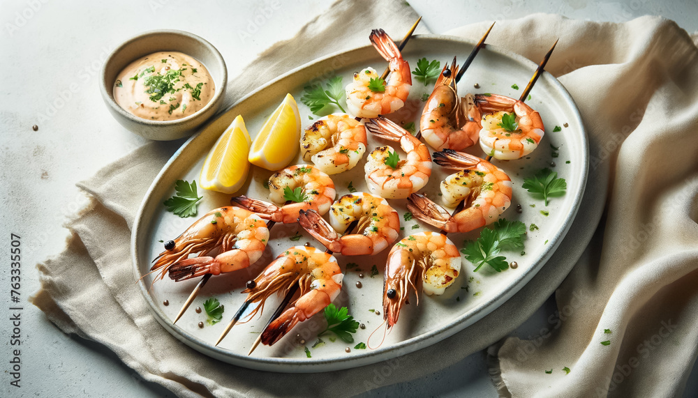 Elegantly Presented Shrimp Platter with Fresh Lemon and Sauce Elegantly Presented Shrimp Platter with Fresh Lemon and Sauce