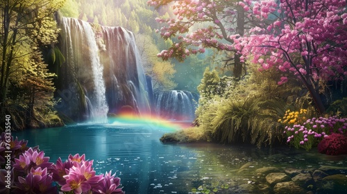 Enchanting fantasy landscape with cherry blossoms  a waterfall  and a rainbow over tranquil water  perfect for mystical and nature themes.
