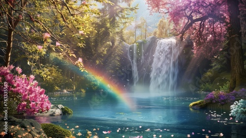 Enchanting fantasy landscape with cherry blossoms, a waterfall, and a rainbow over tranquil water, perfect for mystical and nature themes. © mashimara