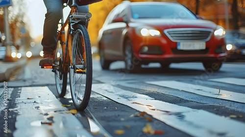 Car accident at a pedestrian crossing involving a cyclist and a car highlighting a violation of traffic rules. Concept Car Accident, Pedestrian Crossing, Traffic Violation, Cyclist, Car photo