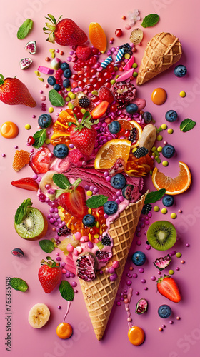 An ice cream cone with fruits with lot of colorful and pop candy and sauce