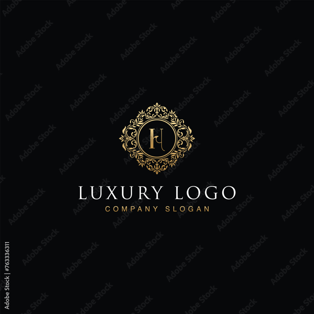 Luxurious elegant victorian floral filigree frame badge pattern with Initial letters H inside circle badge emblem logo design vector in gold colors Luxurious elegant victorian floral filigree frame badge pattern with Initial letters H inside circle badge emblem logo design vector in gold colors