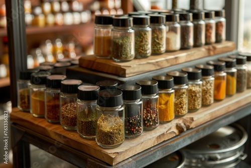 An industrial-style metal podium featuring neatly stacked spice jars and condiments.