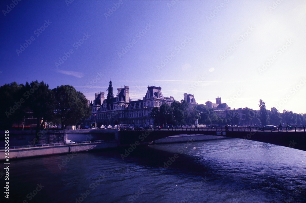 Paris cityscape with Hotel de Ville and the bridge Pont d'Arcole over the River Seine in Paris during 1990s