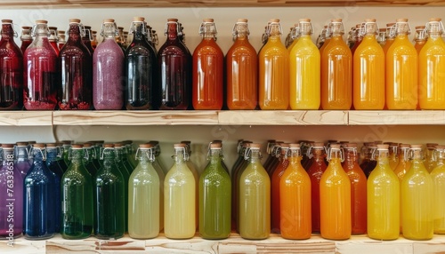 Variety of colorful bottled juices on shelves. Healthy lifestyle and going zero waste concept  removing secondary packaging from food and drink.
