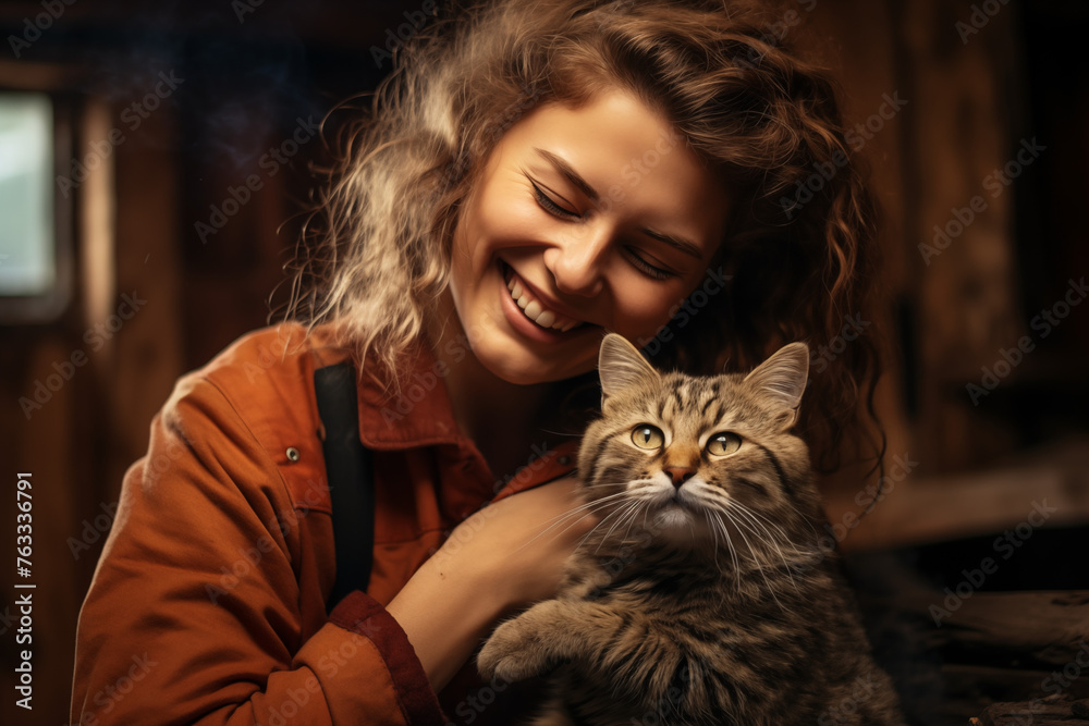 A close-up of a woman petting her cat