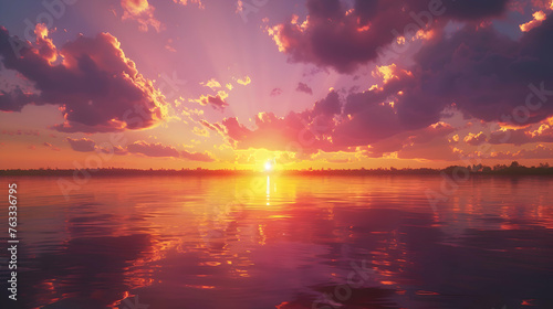 A stunning summer sunset over a tranquil lake, with hues of orange, pink, and purple reflecting on the water's surface