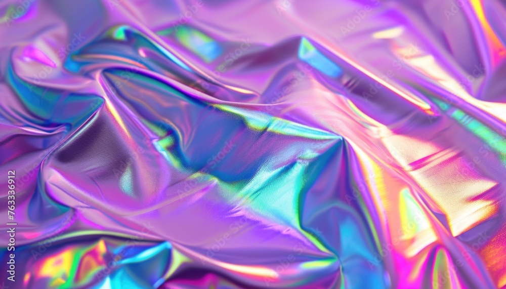 Holographic foil texture background. Close-up view of a fluid gradient holographic surface with iridescent colors and reflections in purple blue pink colors Holographic foil texture background. Close-up view of a fluid gradient holographic surface with iridescent colors and reflections in purple blue pink colors