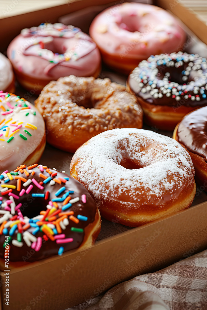 Set of fresh donuts in box close up