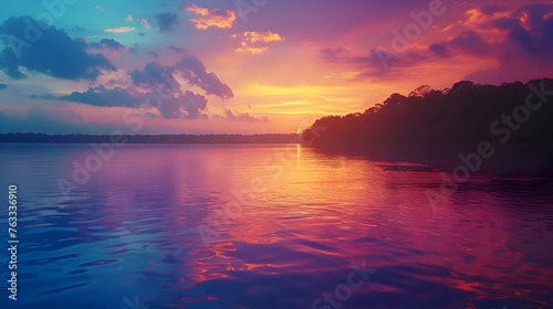 A stunning summer sunset over a tranquil lake  with hues of orange  pink  and purple reflecting on the water s surface