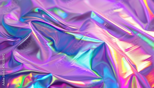 Holographic foil texture background. Close-up view of a fluid gradient holographic surface with iridescent colors and reflections in purple blue pink colors