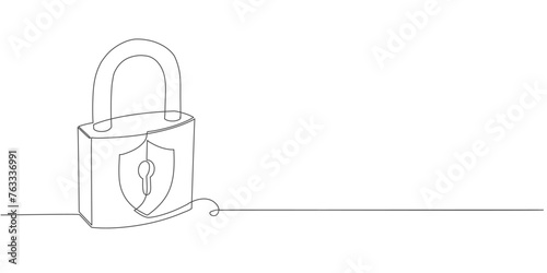 Continuous one line drawing of metal padlock. Padlock security sign symbol vector illustration.