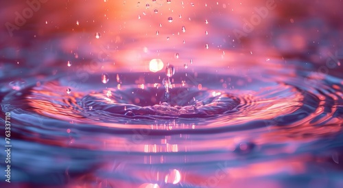 Purple and orange oily drops in water with colorful background close-up.