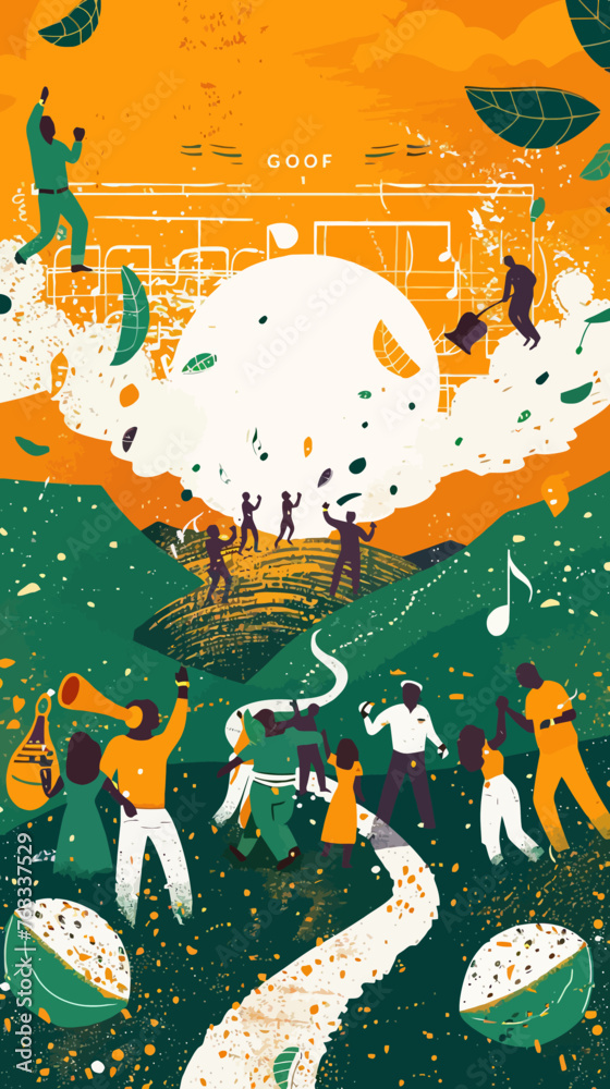 Music Flow Make People Dancing in HIll Illustration, Yellow and Green Style