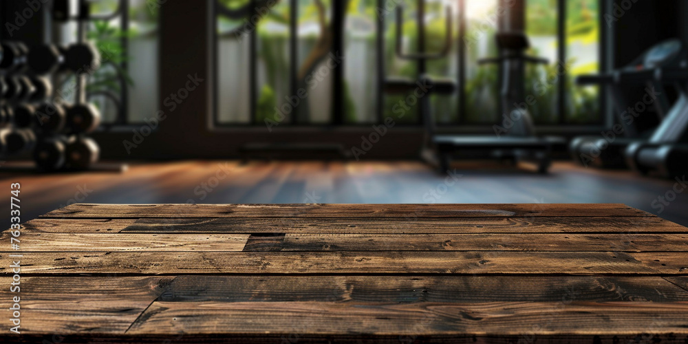 Empty old wooden table in front of blurred background of interior in the gym Empty old wooden table in front of blurred background of interior in the gym
