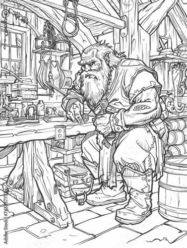 Blacksmith Dwarf work in workshop sketch illustration