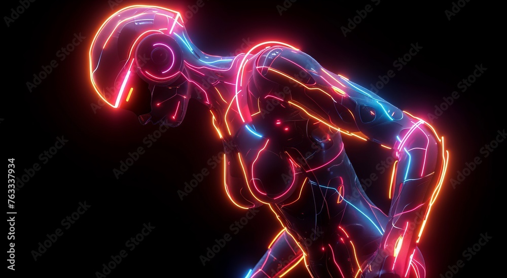 render of futuristic neon robot isolated on black background render of futuristic neon robot isolated on black background