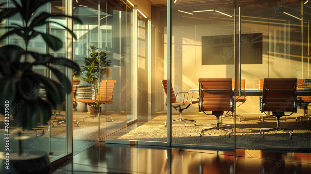 Meeting room of a modern office building, work table and office