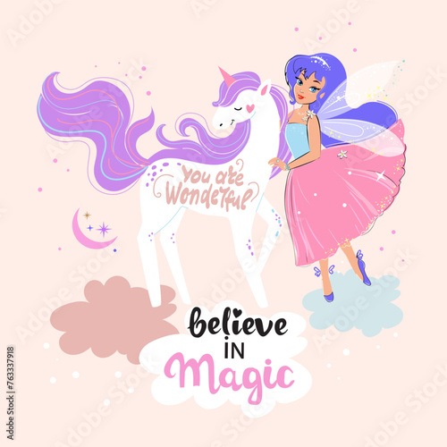 Cute unicorn and fairy in space on a pink background. Vector illustration for t-shirt design, nursery for kids in boho style