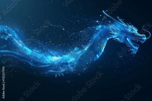 Abstract flying dragon on a dark blue background, symbolizing artificial intelligence, neural networks, and big data. © furyon