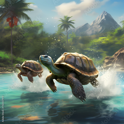 Giant turtles racing in a tropical paradise. 
