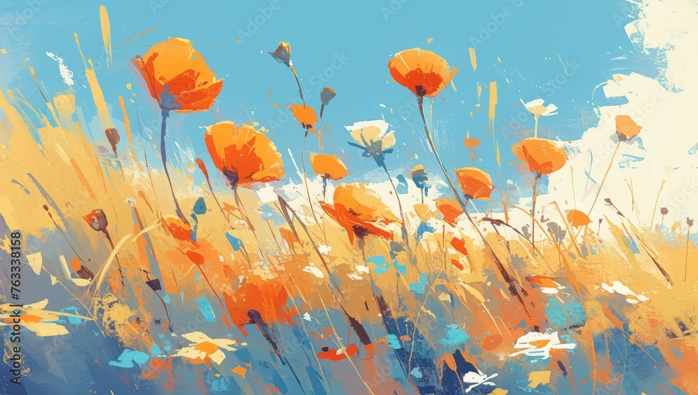 A vibrant painting of poppies in full bloom, with the sky painted in shades of blue and orange. The composition includes tall grasses and other flowers