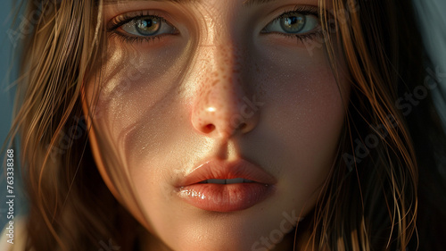 close-up caucasian woman with freckles, beauty and youthful youn