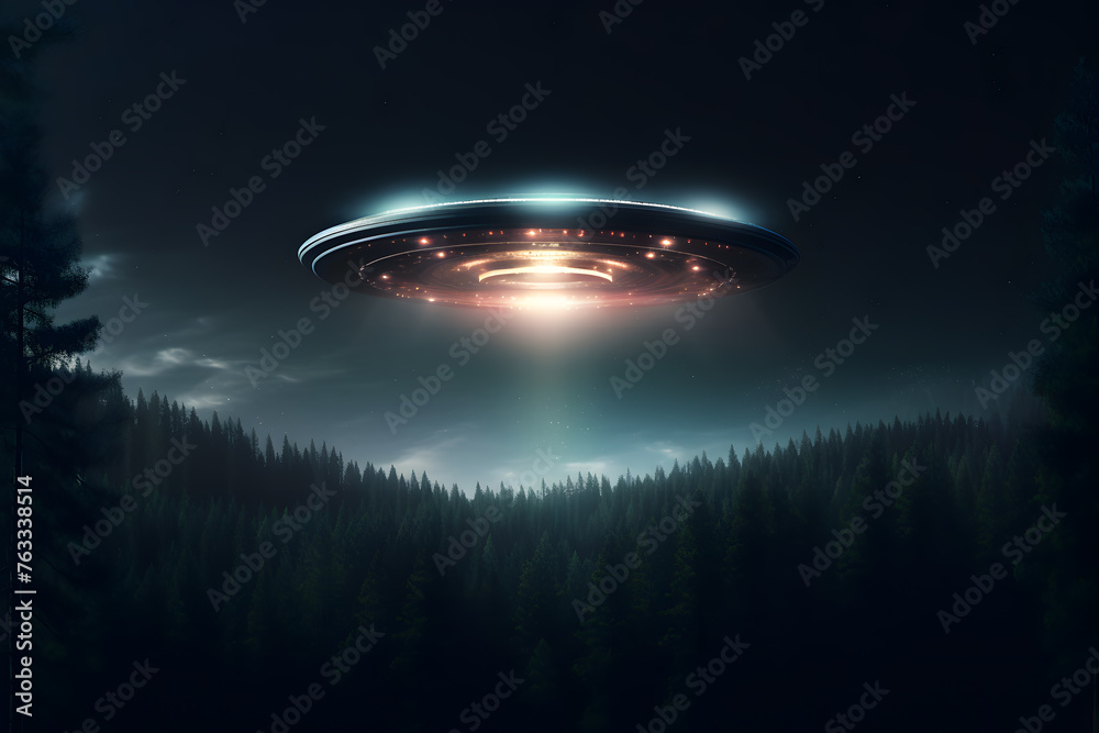 Alien spaceship UFO flying over a forest at night Alien spaceship UFO flying over a forest at night