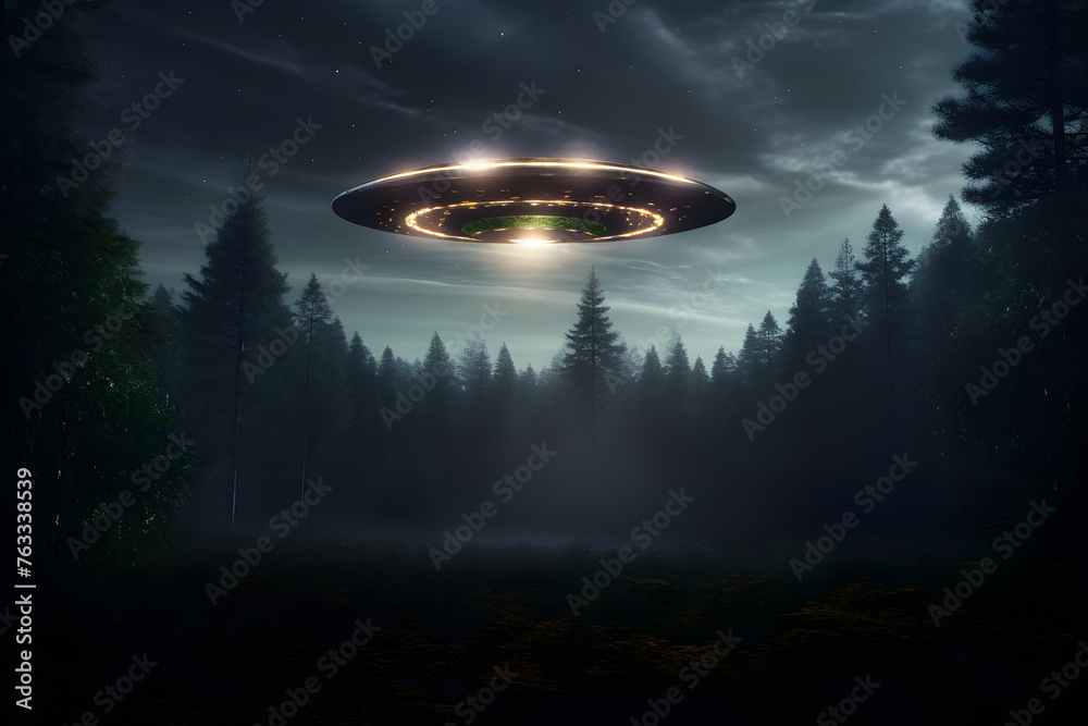 Alien spaceship UFO flying over a forest at night Alien spaceship UFO flying over a forest at night