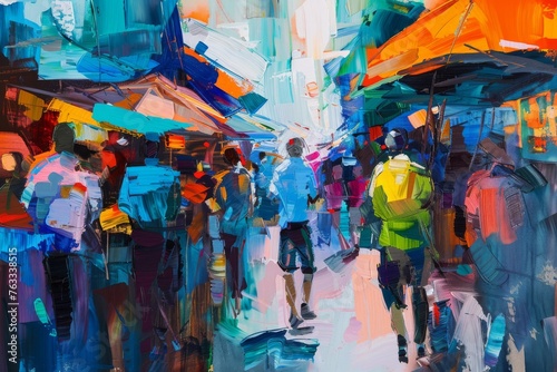 An abstract oil painting of a bustling market street, vibrant with colors, people, and activity, captured in a spontaneous style. © furyon