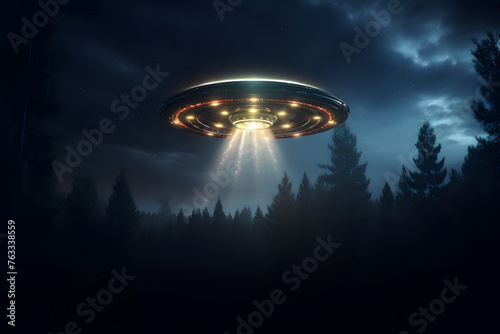 Alien spaceship UFO flying  over a forest at night
