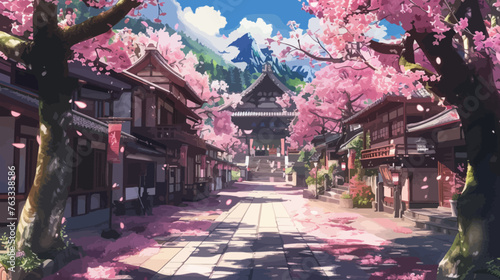 Japanese Traditional Village Illustration with Cherry Blossom tress in Spring
