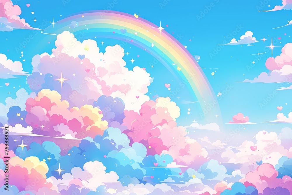 A whimsical background featuring fluffy pink and blue cotton candy clouds with a rainbow arching across the sky