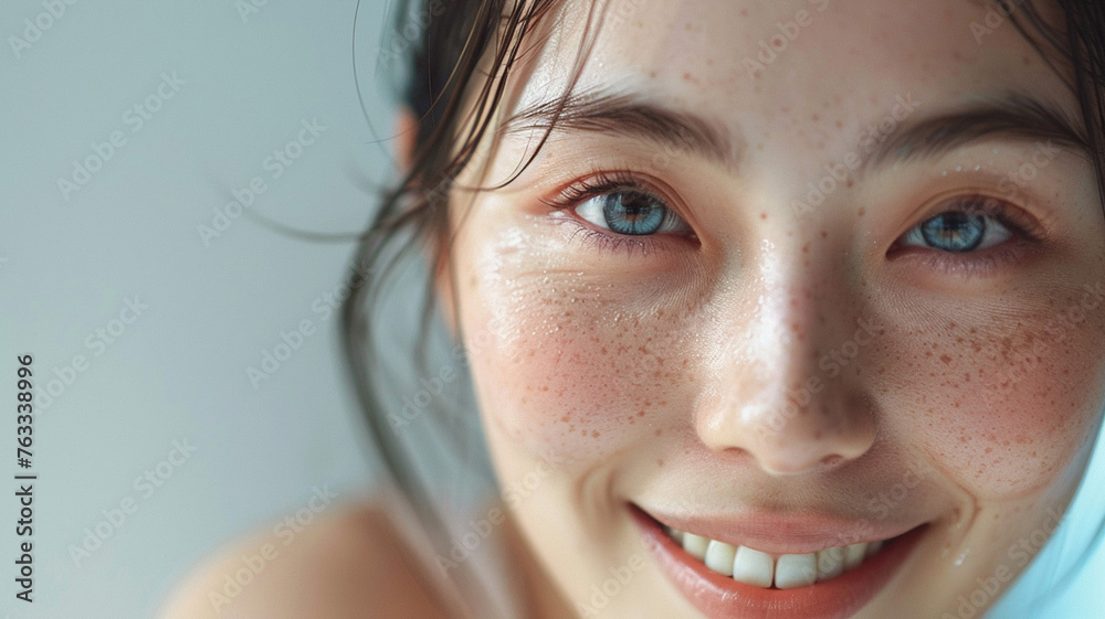 light skin tone, asian or japanese woman, happy smile, close up light skin tone, asian or japanese woman, happy smile, close up