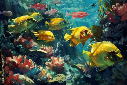 Artistic rendering of a school of colorful coral fish in a reef ecosystem.