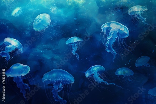 Artistic rendering of a school of jellyfish drifting in the deep blue sea.