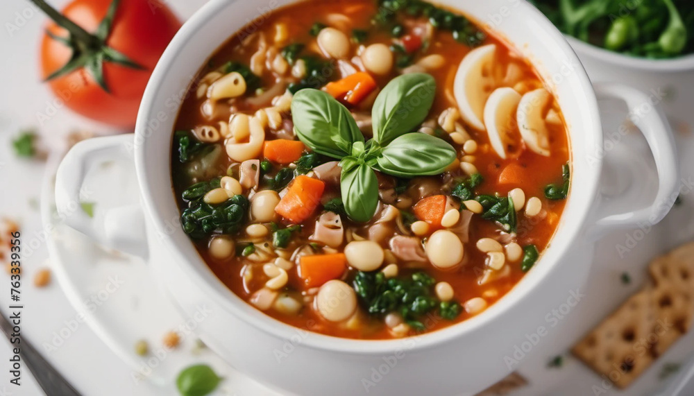 Italian minestrone soup in white bowl. Close up. Italian minestrone soup in white bowl. Close up.