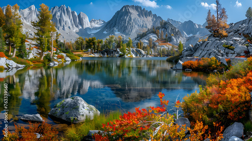 A tranquil lake nestled among rugged mountains  with colorful autumn foliage reflected in the calm waters
