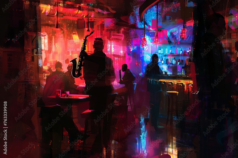 Dimly lit jazz club, saxophone weaving through neon-drenched room, shadowy figures, digital painting
