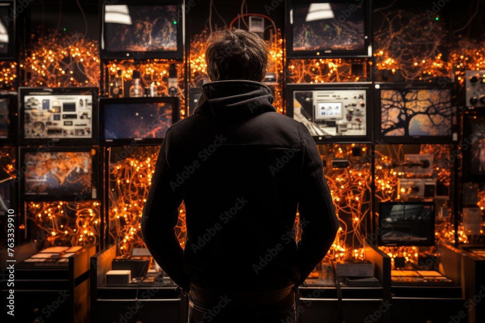A man stands in a dark server room, gazing at a laptop, surrounded by electric blue technology, glass walls, and metallic machines - obrazy, fototapety, plakaty 