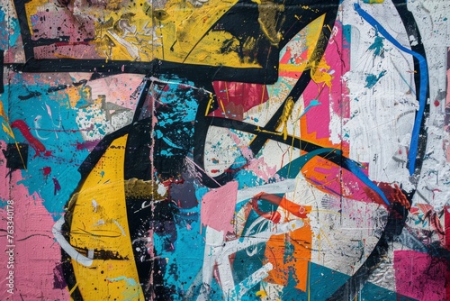 Dynamic abstract depiction of urban street art, with bold graffiti styles and a colorful, rebellious aesthetic. photo