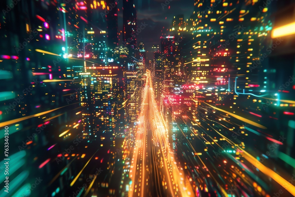 Electric abstract visualization of a city's nightlife, with dazzling lights and energetic urban rhythm.