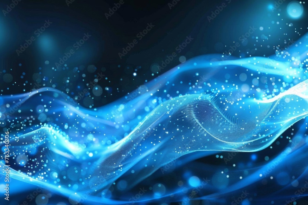 Dynamic blue wave pattern with glowing particles, digital art