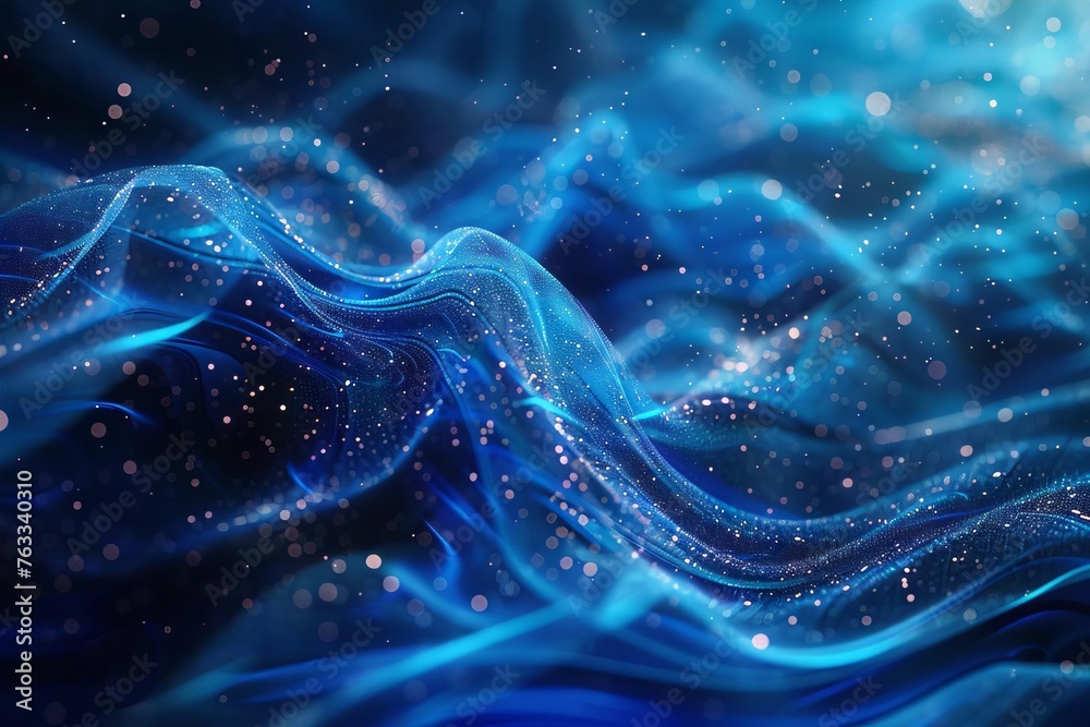 Dynamic blue wave pattern with glowing particles, digital art