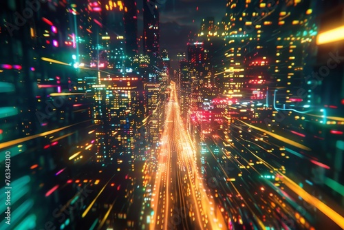 Electric abstract visualization of a city s nightlife  with dazzling lights and energetic urban rhythm.