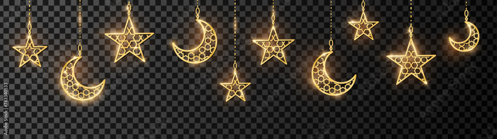 Naklejka premium Ramadan or Al-Adha golden shiny decoration. Hanging crescents and stars. Traditional islamic ornaments, shiny border.