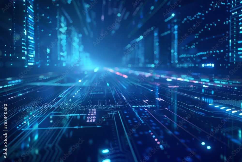 Futuristic stock market dashboard with glowing lines on a deep blue background.
