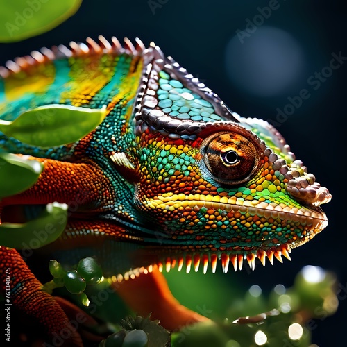 A Vibrant Display: Colorful Chameleon Captured Amidst Nature’s Beauty © joe