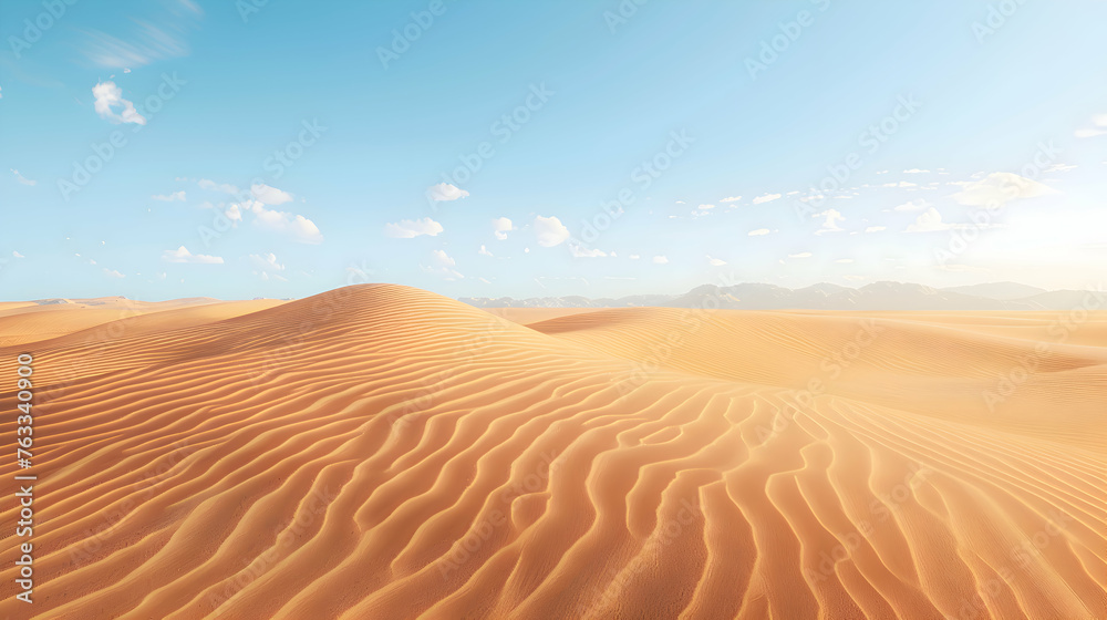 A vast desert landscape with towering sand dunes stretching towards the horizon under a clear blue sky