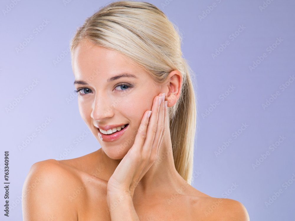 Woman, portrait and skincare treatment with hand for healthy beauty, purple background or confidence. Female person, face and smile or makeup cosmetics as dermatology wellness, studio or mockup space Woman, portrait and skincare treatment with hand for healthy beauty, purple background or confidence. Female person, face and smile or makeup cosmetics as dermatology wellness, studio or mockup space